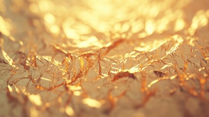 The reflective surface of crinkled gold foil showcases intricate patterns and glimmers in shifting light, perfect for decorative purposes