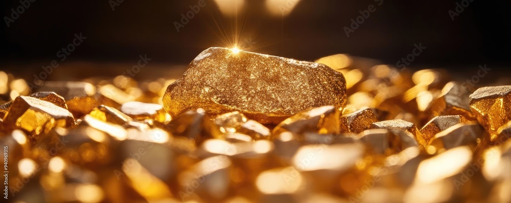 Poster a stunning close-up of a luminous gold nugget surrounded by sparkling gold pieces, symbolizing wealt