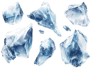 Obraz premium Collection of clear ice cubes isolated transparent background