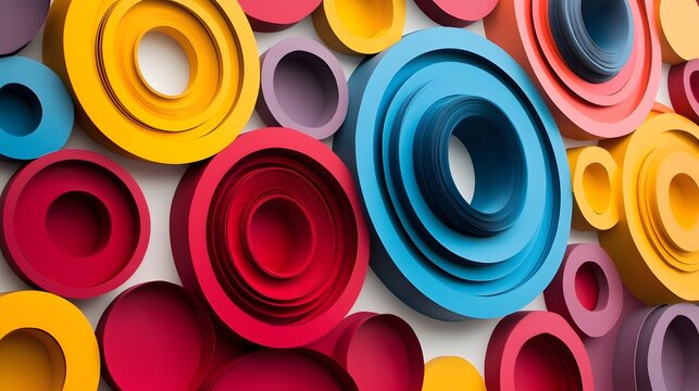66. Abstract 3D wall art with concentric circle paper cutouts in a bold, contrasting color scheme