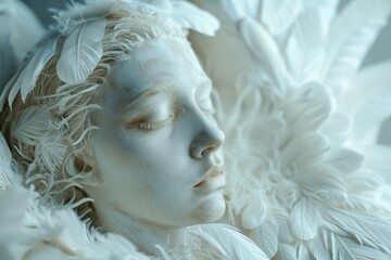 An elegant angel statue with white wings and a white face, embodying grace and tranquility in a...