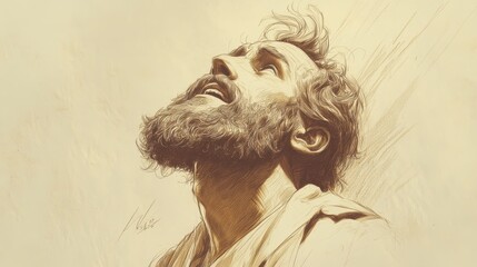 Fototapeta premium Job’s Trembling Plea to God in the Bible - Illustration of Job Gazing Up at Heaven, Emotionally Demanding Answers from God, Beige Background
