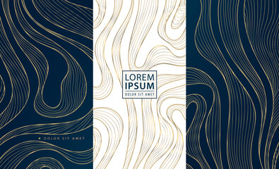 Vector set of wave design line labels, sea patterns, wine package. Art japanese texture, gold luxury abstract ornament. Elegant ocean graphic, fancy illustration © marylia17