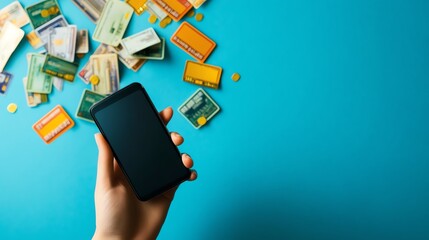 Smartphone in hand above scattered credit cards and money coins on vibrant blue background, symbolizing digital finance.