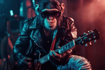 Naklejka premium Rockstar Monkey: A monkey in a leather jacket, ripped jeans, and sunglasses, holding an electric guitar on a stage