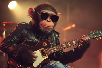 Obraz premium Rockstar Monkey: A monkey in a leather jacket, ripped jeans, and sunglasses, holding an electric guitar on a stage