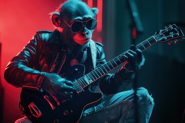 Fototapeta premium Rockstar Monkey: A monkey in a leather jacket, ripped jeans, and sunglasses, holding an electric guitar on a stage
