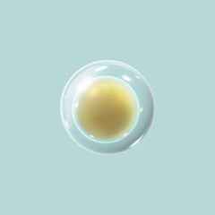 Realistic 3D glass sphere shield with yellow ball inside, vector glossy volume circles with glares, transparent bubbles