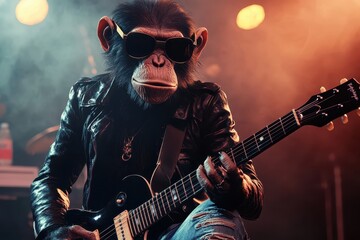 Obraz premium Rockstar Monkey: A monkey in a leather jacket, ripped jeans, and sunglasses, holding an electric guitar on a stage
