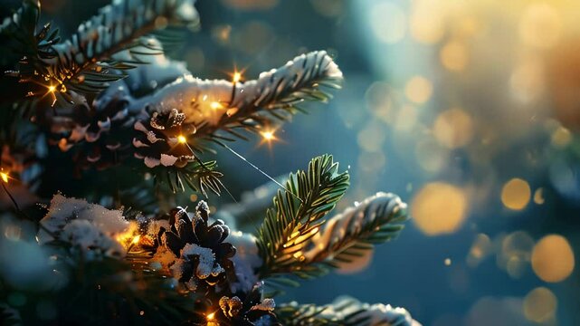 Card with branches of a Christmas tree with lights and cones and a place for text with bokeh