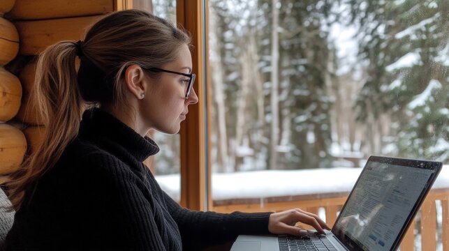 Woman Working on Laptop in Snowy Cabin - Remote Work and Winter Serenity - Powered by Adobe
