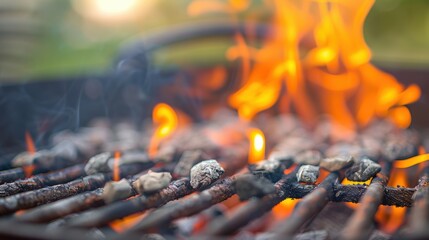 Glowing coals and vibrant flames fill an empty grill, evoking anticipation for outdoor cooking and gatherings under the evening sky