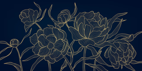 Vector gold on blue line flower pattern, luxury art background. Leaves and peonies abstract wallpaper, texture plant ornament, wedding illustration. 