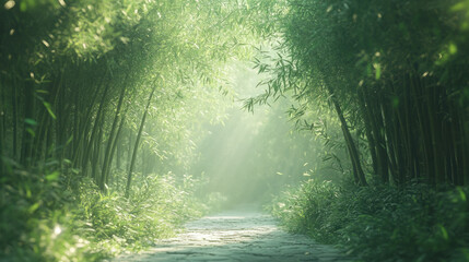 Obraz premium Bamboo Forest, A serene view of an ancient Chinese bamboo forest with gentle wind blowing, causing the bamboo leaves to flutter elegantly