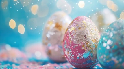 Vibrantly decorated Easter eggs rest on a colorful surface, surrounded by soft bokeh and glittering lights, perfect for springtime festivities