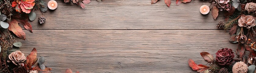 Fototapeta premium A sprawling floral garland featuring a mix of dark blooms and autumn leaves, draped across a rustic wooden surface with soft candlelight and significant copy space.