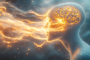 Illuminated human head with fiery neural pathways symbolizing the power of thought intelligence and the dynamic energy within the human brain and its connection to consciousness