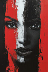 Art Portrait,  A striking black and white painted face emerges from a bold red and black backdrop, creating a captivating abstract art portrait