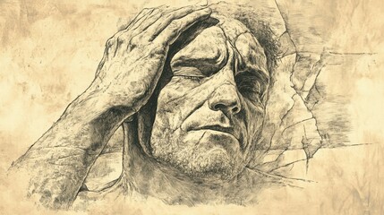 Fototapeta premium Job’s Reflection on Misery in the Bible - Illustration of Job Standing Alone in Desolation, Reflecting on His Pain and Sorrow, Beige Background