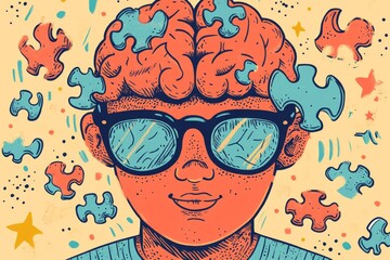 Colorful pop art illustration of a brain with puzzle pieces representing creativity intelligence and the playful exploration of the human minds capacity for imagination and problem solving