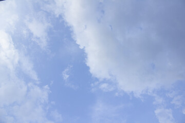A blue sky with puffy clouds.