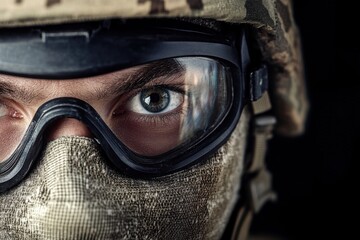 Fototapeta premium A close portrait of a soldier in full military gear sporting a camouflage helmet and protective goggles, emphasizing readiness and the seriousness of the military mission.