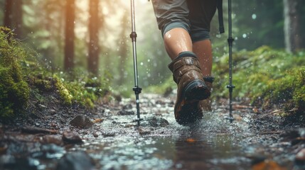 Close-up of a feet in hiking shoes walking with poles on a forest path.