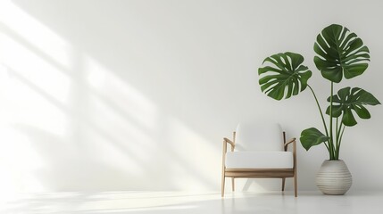 Fototapeta premium Minimalist living room interior with white armchair, green plant and sunlight.