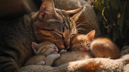 Fototapeta premium The bond between a mother cat and her nursing kittens, in a serene and intimate setting, showcasing the beauty of motherhood.