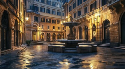 Fototapeta premium The charm of Genoa in the early hours, featuring a tranquil plaza and an elegant fountain surrounded by historic buildings.