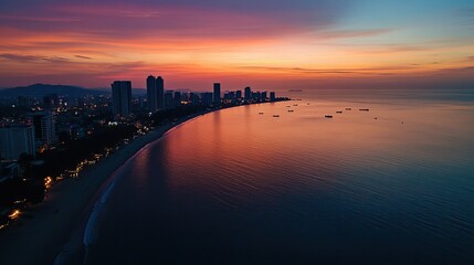 Fototapeta premium The contrast between Pattaya calm beach at dawn and the city bustling skyline, captured from an aerial perspective.