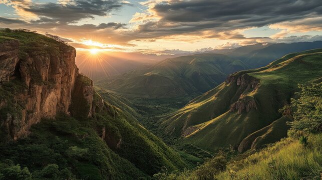 The Coroico Valley, with its steep cliffs and green hills, illuminated by the soft light of a Bolivian sunset.