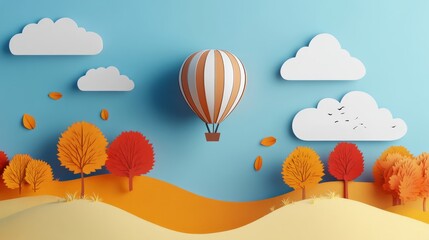 3D render of a colorful hot air balloon in the sky above an autumn landscape with trees and clouds on a blue background.