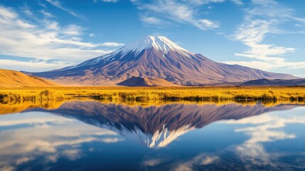 The iconic Nevado Licancabur Volcano reflected in Laguna Chaxa, with the desert landscape of the Atacama enhancing its grandeur.