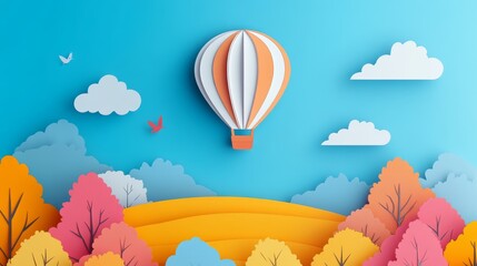 3D render of a colorful hot air balloon in the sky above an autumn landscape with trees and clouds on a blue background.