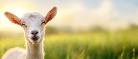 Obraz premium A tight shot of a goat in a lush grass field, basking under the sun's radiant gaze