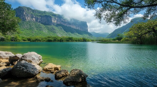 The natural beauty of Huasteca Potosina lake in San Luis Poto with serene waters and a lush, green environment.