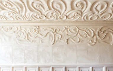 Obraz premium Creamy stucco swirls on the ceiling, mirrored in the intricate patterns of off-white wainscoting on the walls.