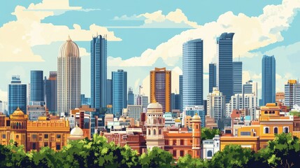 Naklejka premium The skyline of a major Indian city, featuring a mix of modern skyscrapers and traditional buildings.