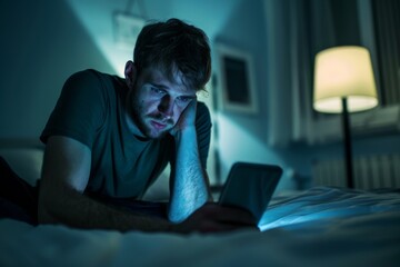 Young man addicted to cell phone, suffering of Nomophobia. Smartphone overuse and internet addiction concept.
