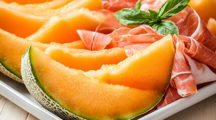 Juicy cantaloupe slices, vibrant orange, served on a platter with prosciutto, fresh and sweet