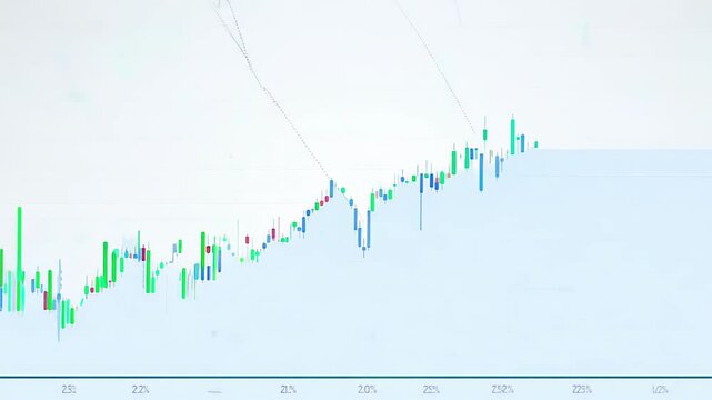 Financial stock market chart with candlestick patterns and fluctuating prices on a white background. Concept of economic analysis, trading strategies, financial growth, and market trends.