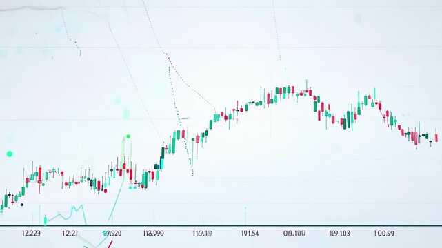 Financial stock market chart with candlestick patterns and fluctuating prices on a white background. Concept of economic analysis, trading strategies, financial growth, and market trends.