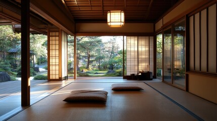 Fototapeta premium Traditional Japanese living room with minimalist decor, tatami flooring, and a calming, elegant atmosphere.