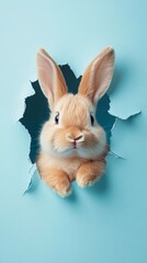 Obraz premium Curious Rabbit Peeking Through Blue Wall Hole: Playful Easter Bunny Banner for Year of the Rabbit Celebrations. Creative Animal Illustration for Holiday Marketing, Zodiac-Themed Campaigns, and Festive