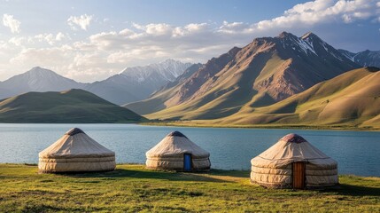 Traditional yurt tents set against the breathtaking backdrop of Lake Song-Kul, nestled in Kyrgyzstan highlands.