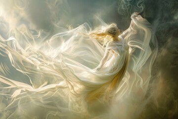 A woman with long hair, smoke billowing from her head, creating a surreal and thought-provoking visual effect, An ethereal being with a gentle aura, Ai generated