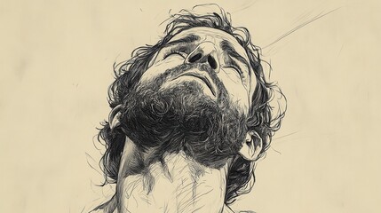 Fototapeta premium Job’s Tearful Plea in the Bible - Illustration of Job Gazing Upward, Asking God for Understanding and Relief from His Suffering, Beige Background
