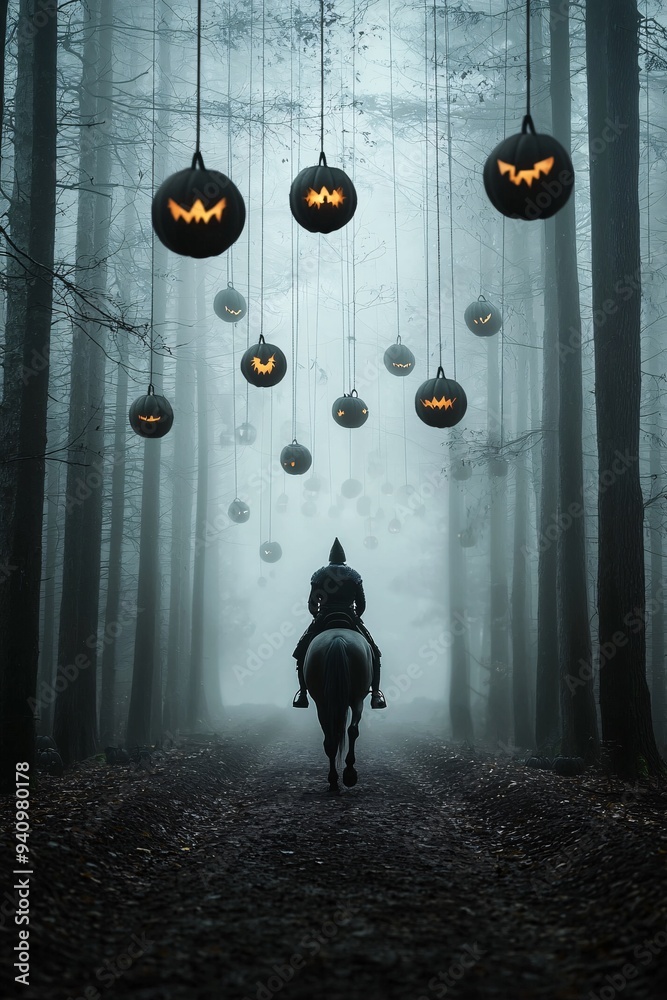 Poster a medieval knight on horseback, riding through a misty forest with halloween lanterns hanging from t