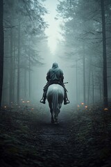Fototapeta premium A medieval knight on horseback, riding through a misty forest with Halloween lanterns hanging from the trees. The image is designed with generous copy space for additional content or messaging.